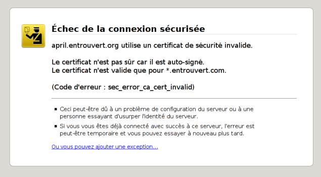 image illustrant le message d'erreur de firefox