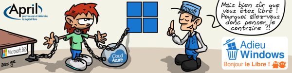 Un personnage portant une casquette Microsoft dit « Mais bien sûr que vous êtes libre ! Pourquoi allez-vous pensez le contraire ? » alors que le 2e personnage est enchaîné à une table « Microsoft 365 » et « Cloud Azure »