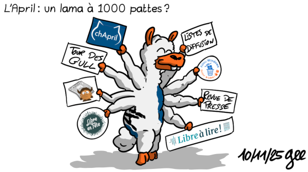 Un Lama qui se prend pour un mille pattes, enfin un huit pattes. Chacune des patte contient un logo pour un des projets de l'April: chapril, tour des Gull, Agenda du Libre, Libre en Fête, listes de diffusion des groupes de travail, Adieu Windows, bonjour le Libre!, Revue de presse et Libre à Lire!