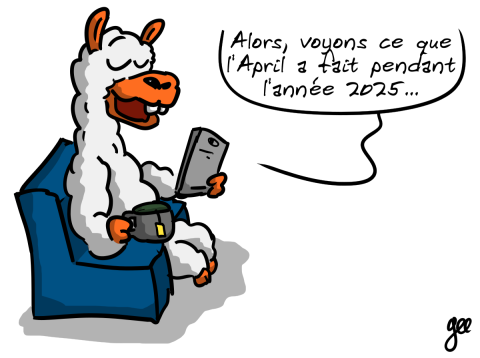 Un lama blanc et orange, assis dans un fauteuil avec une tasse de thé, un téléphone et le lama dit « Alors, voyons ce que l'April a fait pendant l'année 2025 »