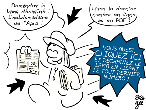 Un personnage portant
une casquette propose de lire une version papier du Lama déchaîné