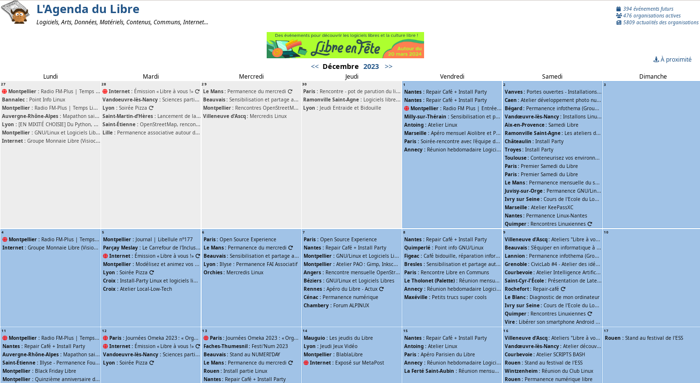 Copie écran du site de l'Agenda du Libre