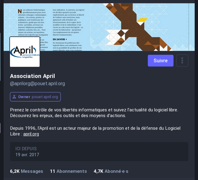 Copie écran de la page d'accueil de l'instance Mastodon de l'April
