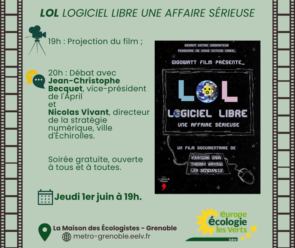 Affiche Projection-débat LoL - Logiciel libre, une affaire sérieuse - jeudi 1er juin à Grenoble