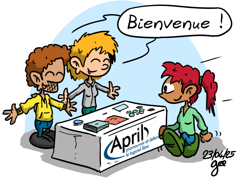 Deux bénévoles derrière un stand April accueillent à bras ouvertes et en disant d'une seule voix « bienvenue ! » une personne visitant le stand April