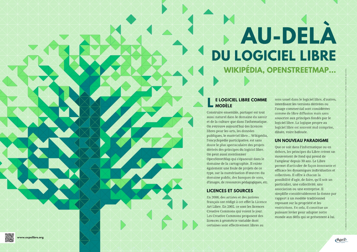 Panneau de l'Expolibre intitulé Au-delà du logiciel libre